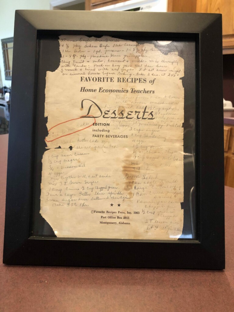 granny's handwritten recipes on recipe book framed