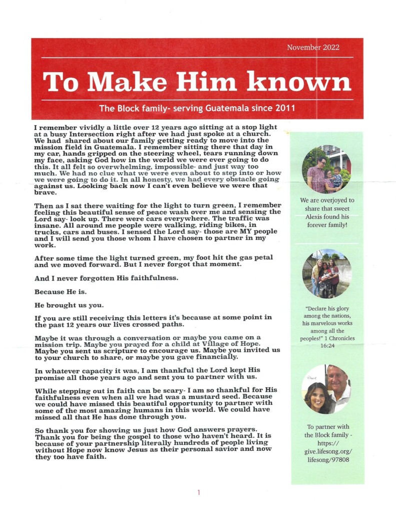 Village of Hope Newsletter Front Page Making a difference