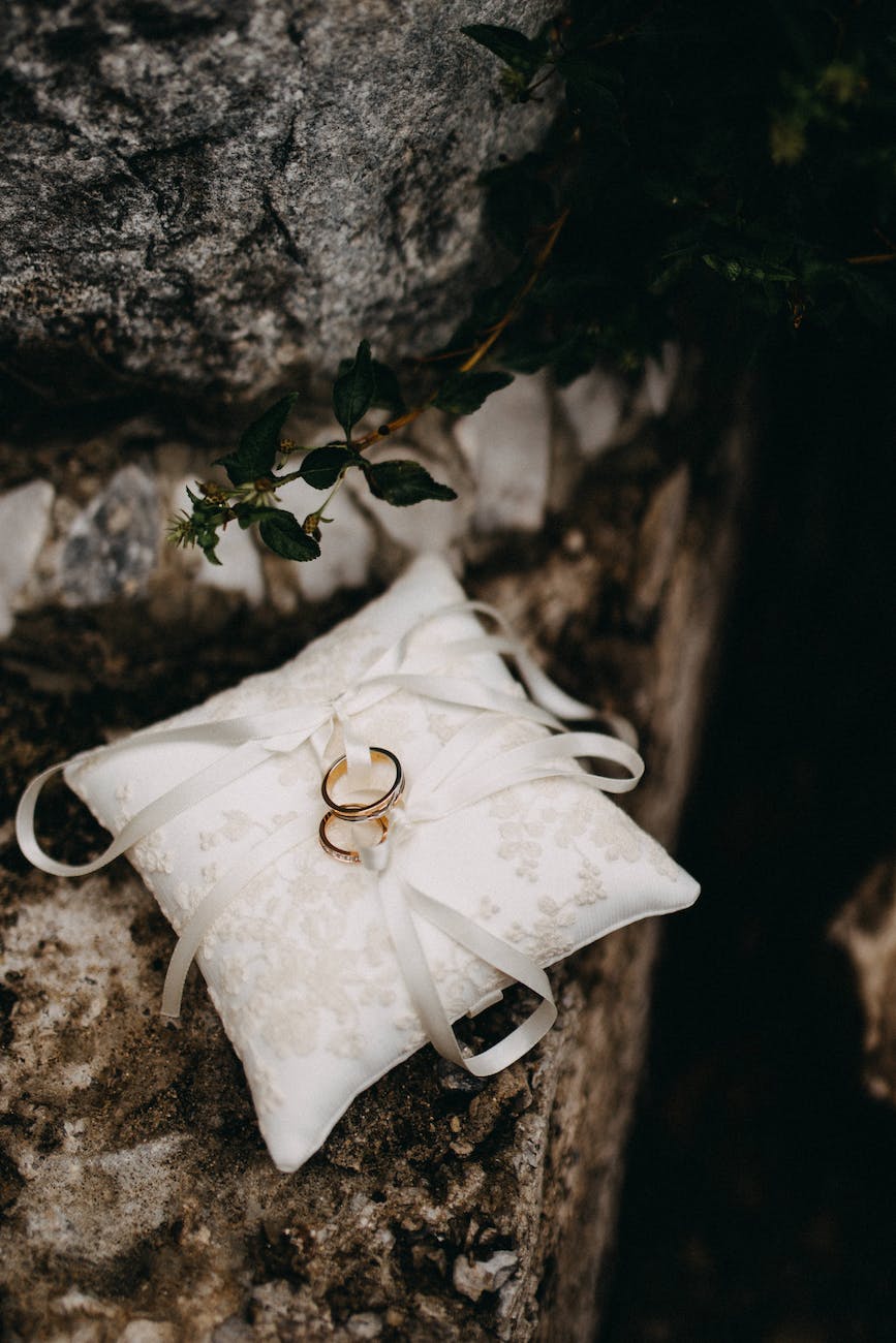 two gold rings on a silk cushion follow the Lord's leading for a successful marriage