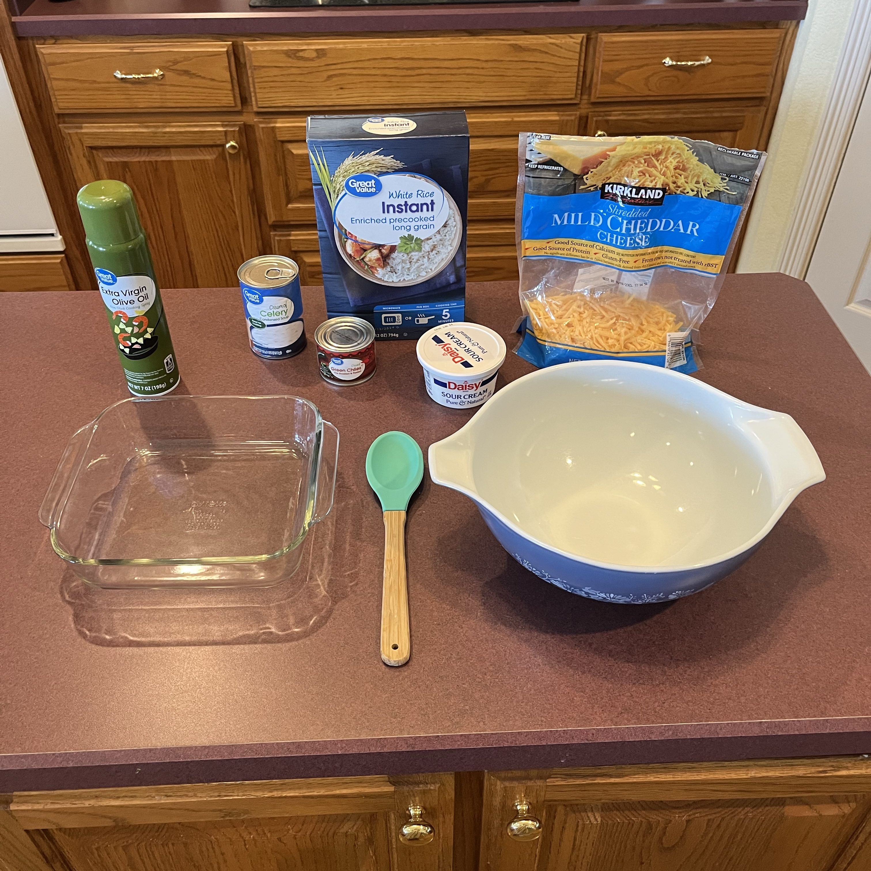 ingredients and supplies for green chili rice