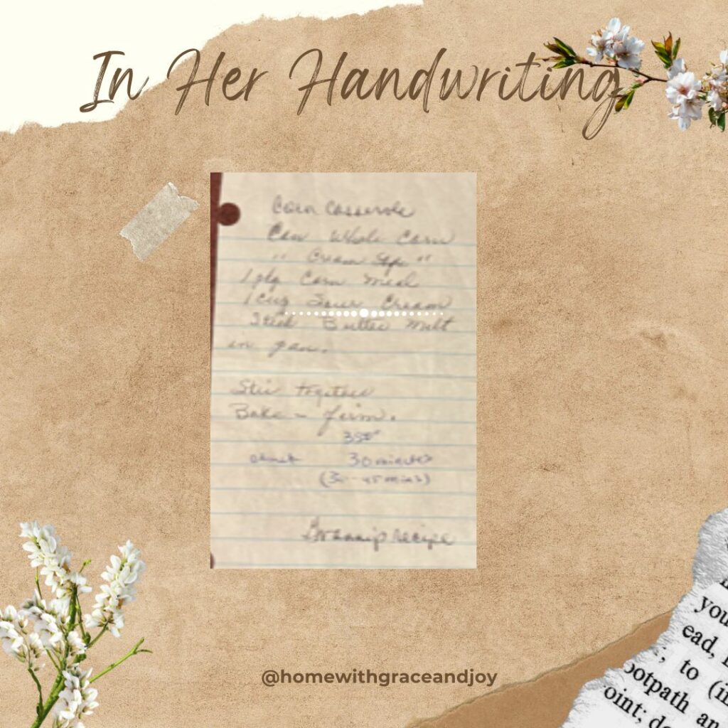 Granny Grace's Corn Casserole Recipe in her handwriting