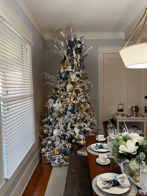 blue Christmas tree at the Christmas tour of homes
