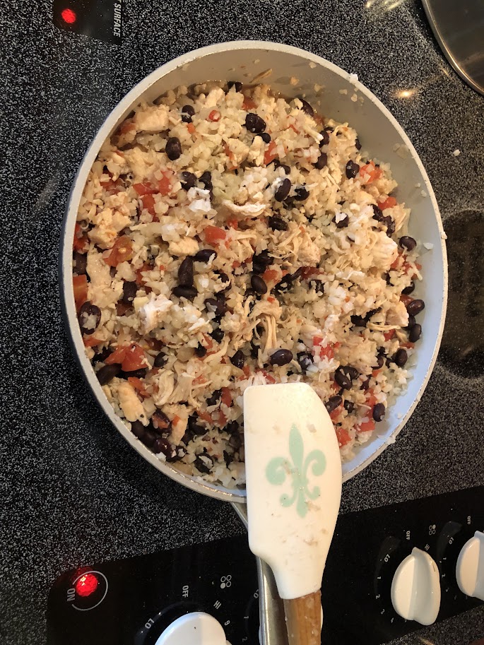 15 minute meal chicken and cauliflower rice in skillet mixed