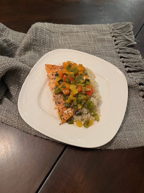 pepper relish on salmon and cilantro lime rice