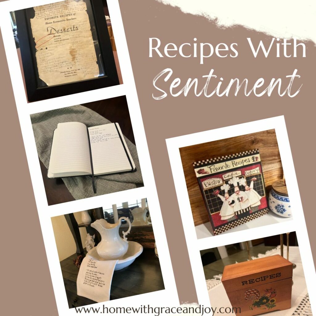 A collage of four images showcasing recipes and recipe books that reflect a family's culinary legacy: an open notebook, a binder labeled "desserts", a wooden box marked "recipes", and a decorated recipe