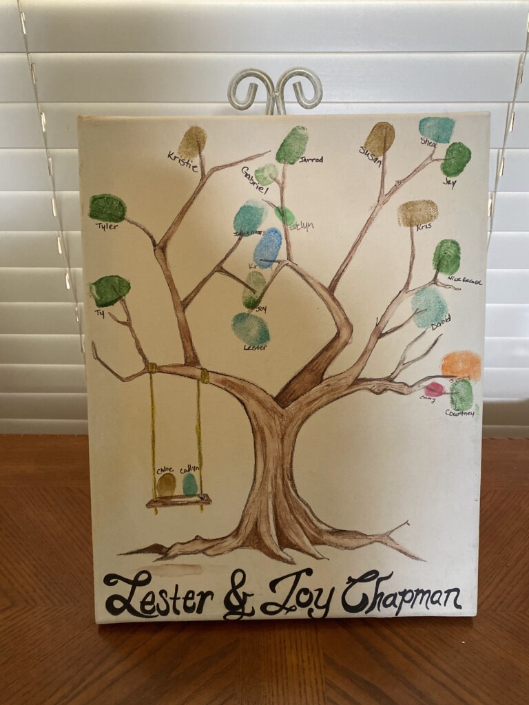 A family tree canvas illustrating how to preserve and pass down your family history, featuring a brown tree with multiple colorful handprints as leaves, labeled with names. Two swings hang from the branches, and 