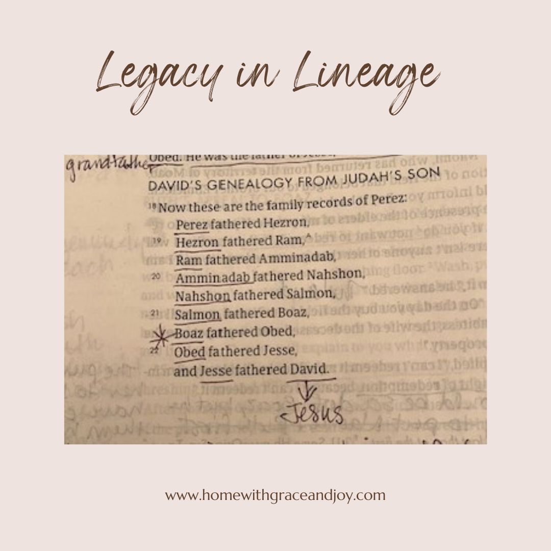An image showing a close-up of an ancient manuscript featuring a detailed genealogy, with "legacy in lineage" written at the top. The document includes references to Ruth Chapter four. A watermark of a