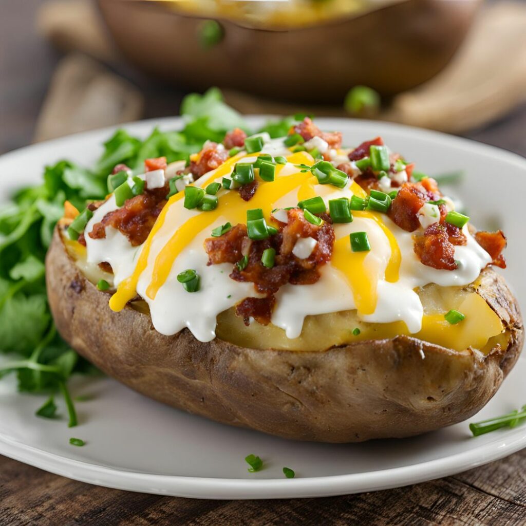 A loaded baked potato topped with melted cheese, sour cream, crispy bacon bits, and chopped chives is served on a white plate with a side of fresh greens. The dish is presented in a rustic setting on a wooden table, evoking the cozy charm of a gingerbread cake village.
