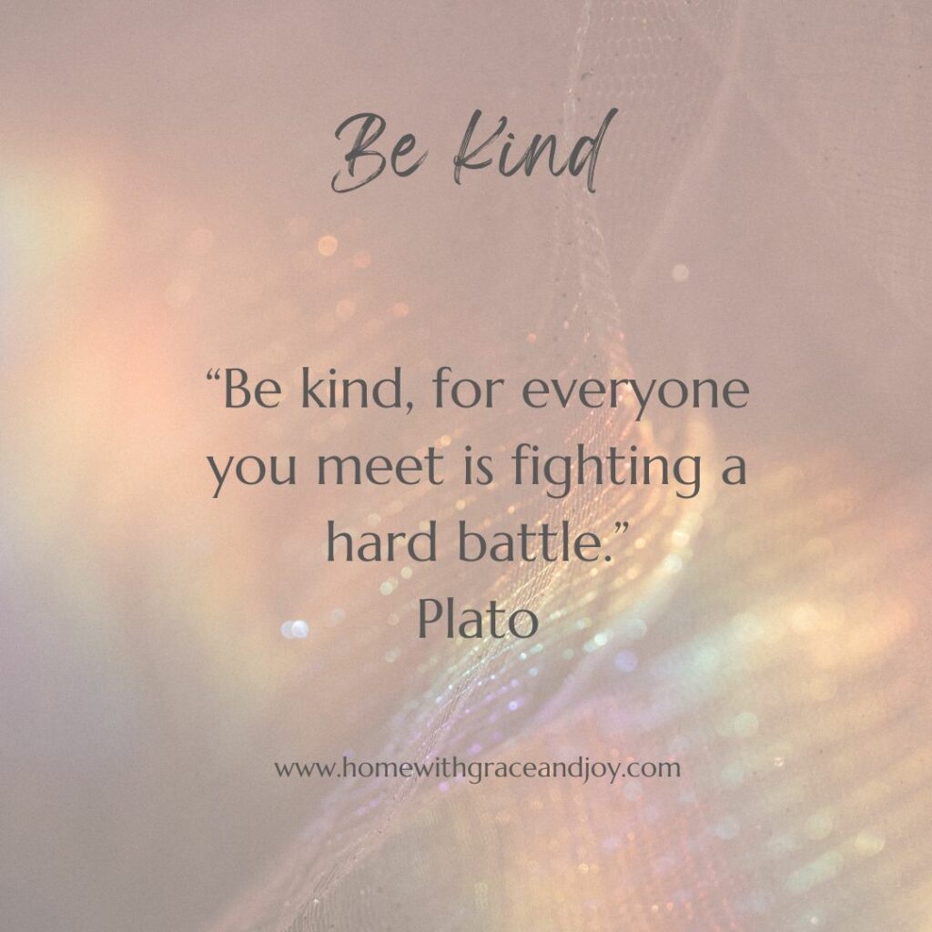 A soft-hued background with shimmering textile textures, overlayed by a quote saying "Be kind, for everyone you meet is fighting a hard battle." - Plato. Below the quote, a website link offers further life applications and insights.
