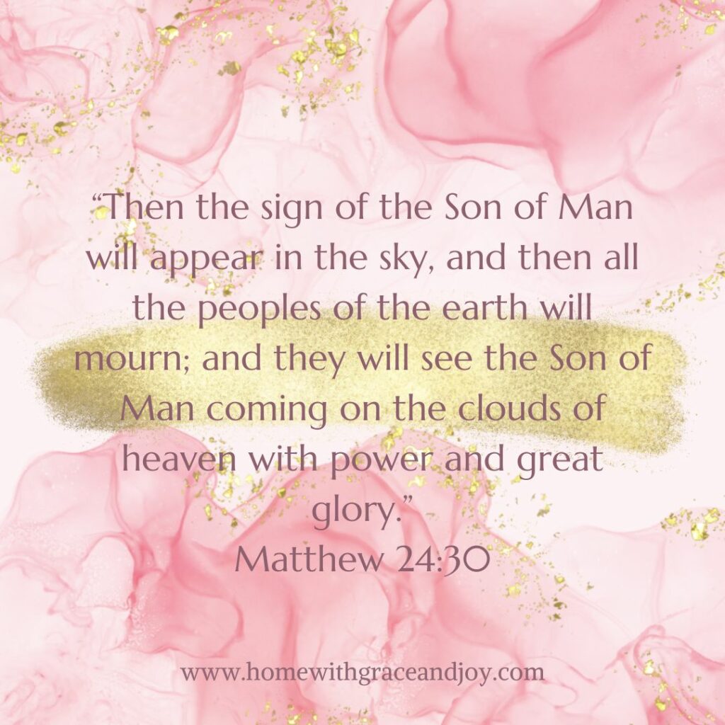A tranquil background in soft pink and white hues with swirling patterns, overlaid with a biblical quote from Ruth Chapter four about the son of man appearing in the sky, from the website homewithgraceandjoy