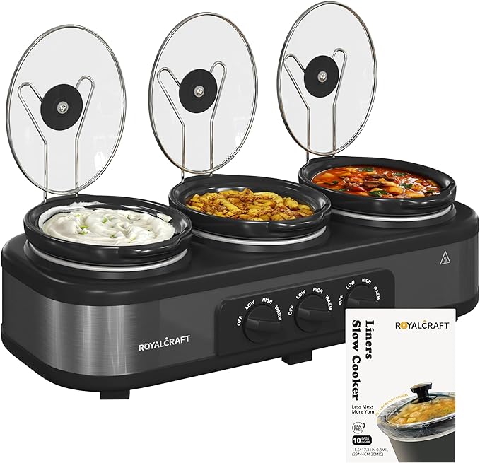 Triple slow cooker by Royalcraft, perfect for a DIY Nacho Bar, featuring three individual pots with transparent lids and separate heat control knobs for each pot. The sleek unit is black and stainless steel. A packaging box in the foreground shows "liners" for the slow cooker.