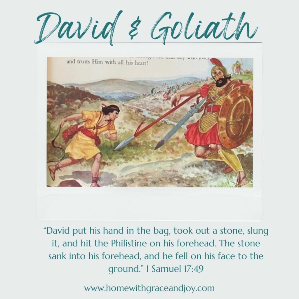 Illustration of the biblical story of David and Goliath. David swings a sling with a stone at Goliath, a giant clad in armor, who is holding a large shield and spear. Below the image is a Bible verse from I Samuel 17:49 describing David's victory, emphasizing its life applications.