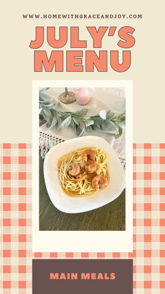 A menu cover titled "July's Menu" with a website address at the top. Below the title is an image of a plate with spaghetti and shrimp, capturing the essence of the monthly menu. Decorative elements include a small vase and greenery. At the bottom, there is a label that says "Main Meals" with a checkered background.