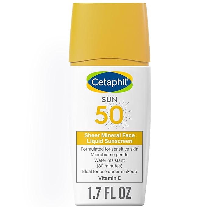 Image of a bottle of Cetaphil Sun SPF 50 Sheer Mineral Face Liquid Sunscreen, perfect for a beach vacation. The white bottle with a yellow cap highlights its gentle formula for sensitive skin, water resistance for 80 minutes, suitability under makeup, and Vitamin E content. Bottle size: 1.7 fluid ounces.