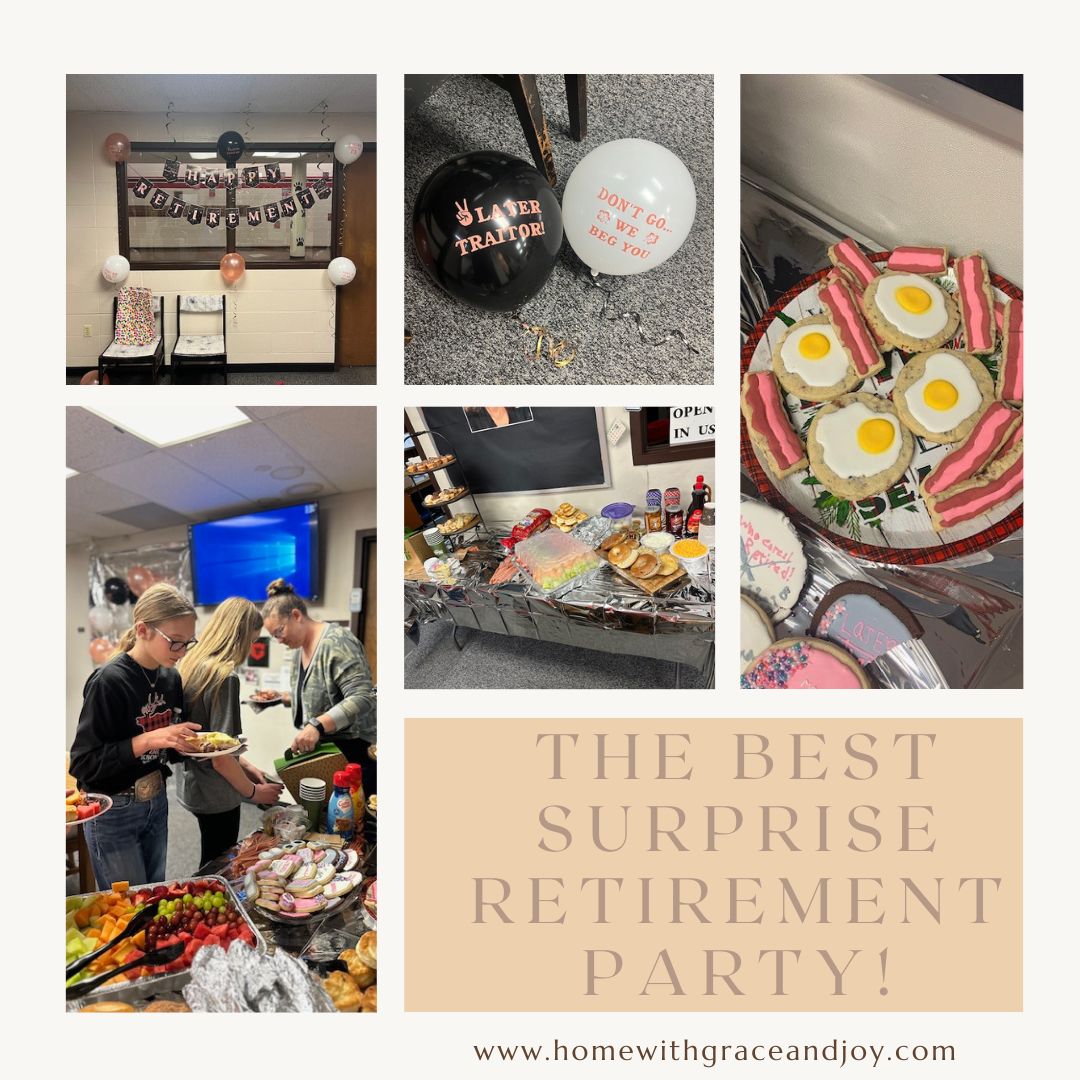 Collage of retirement party images: Decorations with "Congrats" and "Traitor" balloons, framed photos, and food. One table features a DIY Nacho Bar. Another holds egg and bacon cupcakes. Guests are seen enjoying the party. Caption reads, "The Best Surprise Retirement Party!" Visit our website for more details.